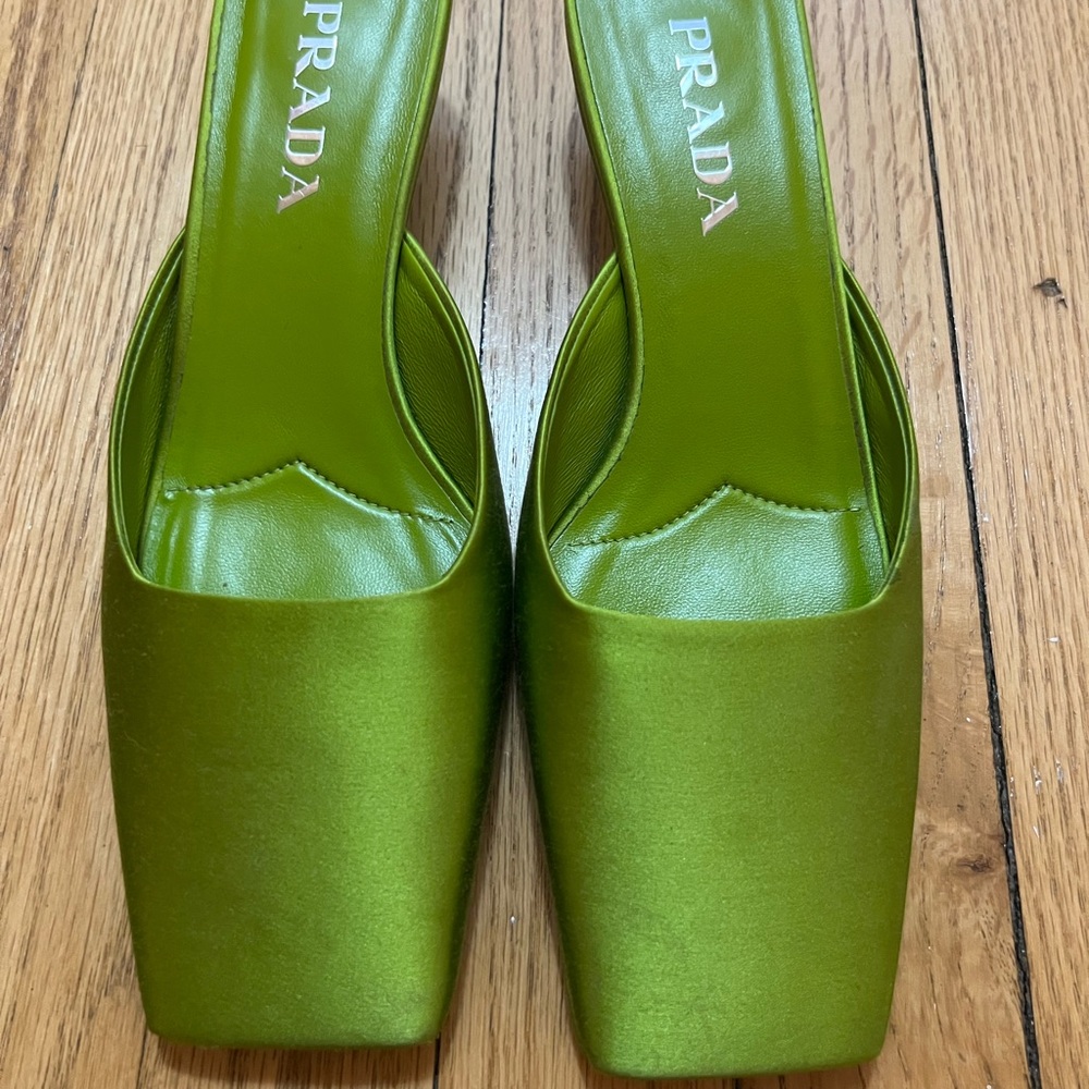 Prada Green Satin Square-Toe Kitten Heel Mules - Picture 3 of 7